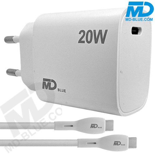 MDblue 20W USB-C Snellader met 1m USB-C naar USB-C Kabel – Compacte en Krachtige Thuislader voor Smartphone & Tablet