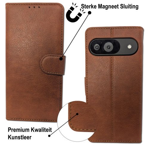 MDblue - Google Pixel 9 - Telefoonhoesje - Book Case  - Bruin